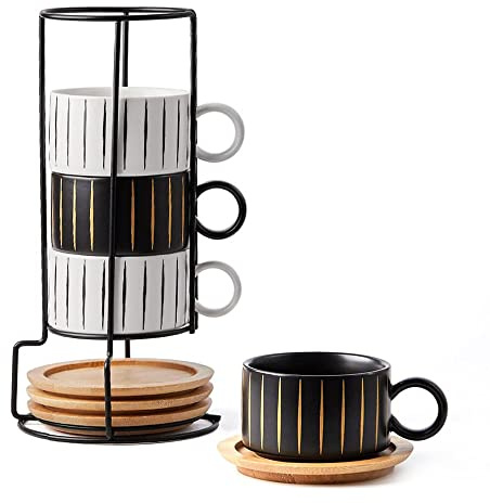 LUKA Porcelain Espresso Cup with Saucer and Metal Stand, 6 Ounce Stackable Ceramic Demitasse Espresso Mugs Cappuccino Cups Set for Latte,Coffee,Cafe Mocha,Tea(Set of 4)