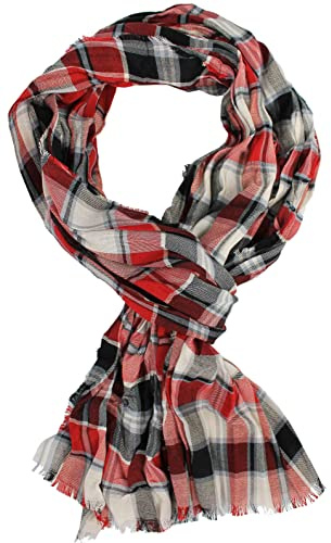 Rotfuchs Bufanda de algodón para mujer y hombre, aspecto arrugado, diseño de cuadros en negro, rojo y blanco, fabricado en Alemania, negro, rojo y blanco., XL