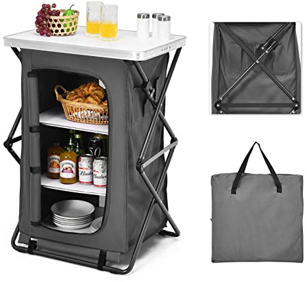Goplus Folding Camping Storage Cabinet, Pop Up Outdoor Camping Kitchen Station with Large 3-Tier Storage Organizer, Carry Bag, Easy Set Up Portable Compact Camping Table for BBQ Picnic Backyard (35'')