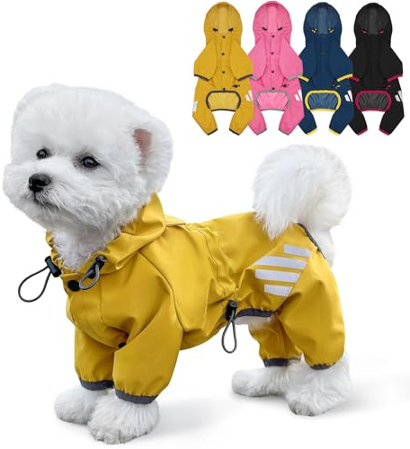 Raincoat for Dogs, Waterproof Jacket With Hood, Rain Coat With Leash Hole, Reflective Strap for Small Medium Dogs, Lightweight Puppy Clothes (Yellow, L)