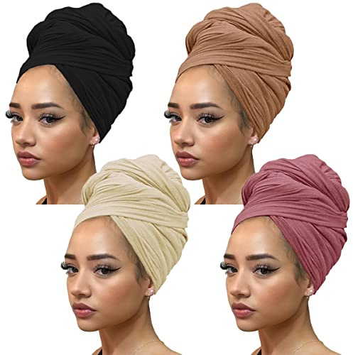kachanaa African Turban Head Wraps Jersey Stretch Hair Scarf Long Shawls Solid Color Soft Lightweight Head Bands Tie for Black Women