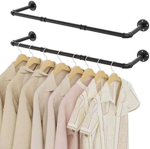 YheenLf Perchero de Pared Industrial, 100cm Barra para Ropa de Metal, Almacenamiento Colgante de Prendas, Tubo Desmontable, Vestidor Abierto, Ahorro de Espacio, Negro, 2-Pack