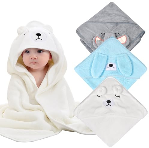 Newtic 3PCS Cuffia da bagno per bambini con cappuccio, 80 x 80 cm Fibra di bambù organica, extra morbida assorbente, asciugamano traspirante per bambini, nascita 0-3 anni