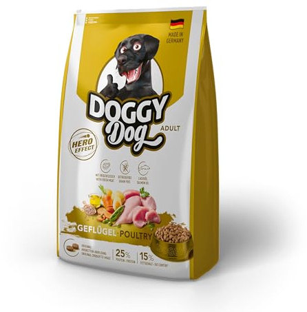 DOGGY Dog Geflügel Adult, 10 kg, Trockenfutter mit hohem Fleischanteil für ausgewachsene Hunde, getreidefreies Hundefutter mit Lachsöl, Made in Germany