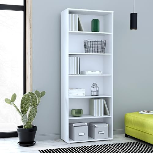 Forte TEMPRA 2 modernes Bücherregal 70 80, Regal mit 5 Einlegeböden, Standregal Büro, weißes Regal, Jugendzimmer, Kinderzimmer, Holzwerkstoff, Weiß, 73,7 cm breit x 197,5 cm hoch x 34,8 cm tief