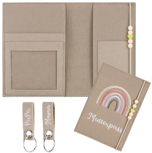Zocipro Mutterpass Schutzhülle, Deutschen Mutterpass Hülle Filz, mit Fächer für Ultraschallbild, Impfpass, Versichertenkarte,Hülle mit Gummiband, mit 2 Schlüsselanhänger Filz,Grau