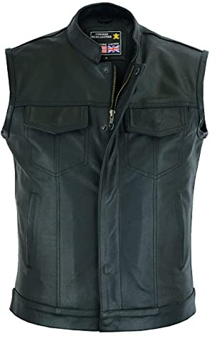 RAXUS Chaleco Hombre Cuero Motero Chaleco de moto de cuero genuino negro K-10