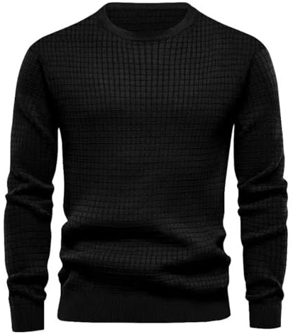 MakingDa Mens Crew Neck Jumper Waffle Pullover Long Sleeve Sweatshirts Solid Ribbed Cuff Regular Fit Sweater Vintage Soft Classic Lightweight Work Casual Jumpers Black M
