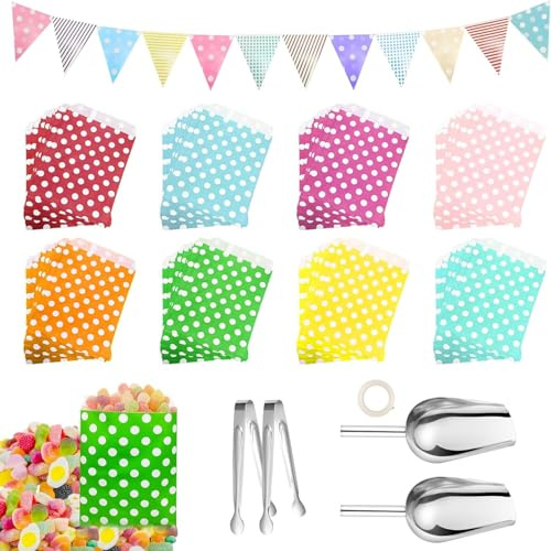 FIHODONE Sacchettini Compleanno Bambini Accessori Candy Bar,Contiene 80 Sacchetti Regalo,4 Pinze per Zucchero,2 Pala del Ghiaccio,Sacchetti Regalo Candy Bar Matrimonio,Sacchetti Compleanno Bambini