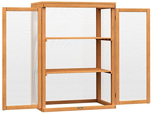 Outsunny Invernadero de Jardín de Madera y Policarbonato Invernadero Vivero Casero con 3 Estantes 2 Puertas y Tapa Abatible para Cultivo de Plantas Terraza Patio 76x47x110 cm Natural