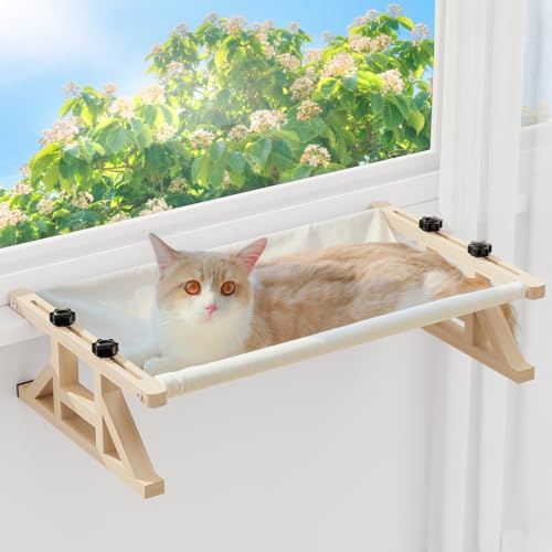 Tresbro Window Perch for Cats Inside, 2-in-1 Cats Hammock and Elevated Cat Bed with Washable Canvas Cushion, 15.7 W*10.2 H*26 L Adjustable Perch for Windowsill, Ground, Bedside, Cabinet