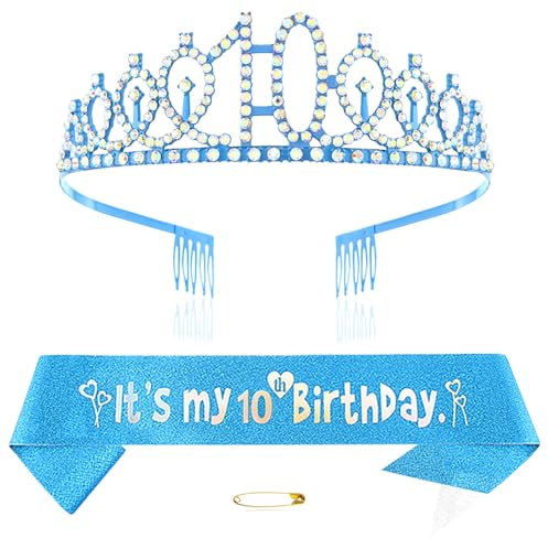 Diadème bleu pour 10e anniversaire pour filles - Couronne de princesse en cristal - Bandeaux d'anniversaire - Décorations d'anniversaire - Kit diadème d'anniversaire pour fille - Accessoires de fête,