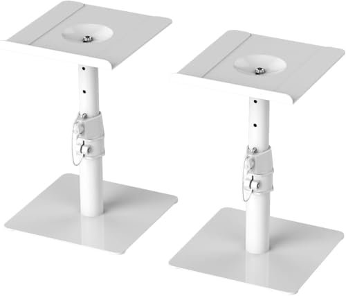 suptek Speaker Stand Desktop Mount Set, 9.6 x 8.8 inch Trays, Height Adjustment and Tilt, Universal Audio Holders for Computer and Bookshelf Speakers, Compatibility with HiFi Speakers, White, SDM001TW