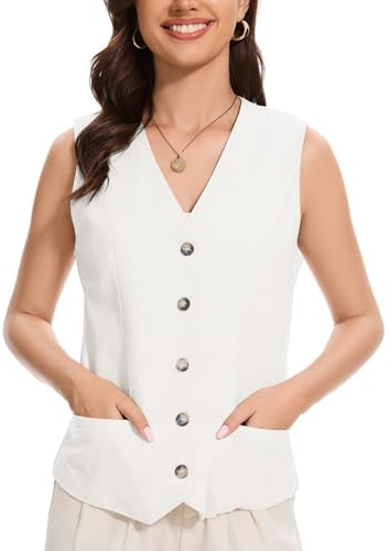YOUNIFIZ Gilet da donna in lino leggero corto top con scollo a V tasca bottone lavoro casual senza maniche giacca in lino, bianco, XXL