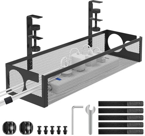 RERLYING Plateau de Gestion des Câbles sous Le Bureau sans Perçage, Aucun Dommage au Bureau, Chemin de câbles en Treillis méTallique avec Pince, Chemin de câbles de Rangement sous Le Bureau, Noir