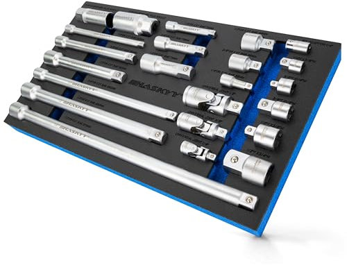 HASKYY Jeu de Douilles et Clé à Cliquet 1/4 3/8 1/2 Pouce | Coffret Rallonge Cardan Adaptateur | Set Professionnel Automobile et Industrie avec Douille Bougie