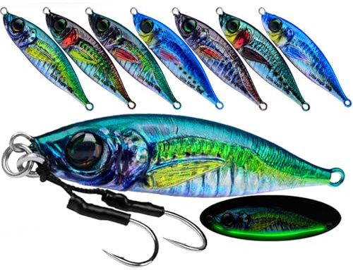 VolksRose Kit de 8 Señuelos de Pesca 3D Realistas - Capturador de Lubina/Trucha/Lucio con Cebo Luminoso (21g Hundimiento Rápido), Equipo de Pesca para Agua Salada y Dulce