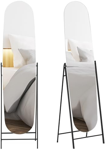 HOMCOM Espejo de Cuerpo Entero Arqueado 160x40 cm, Espejo de Pie o Apoyado en la Pared, sin Marco, Soporte de Metal, para Salón, Dormitorio, Vestidor y Entrada, Negro