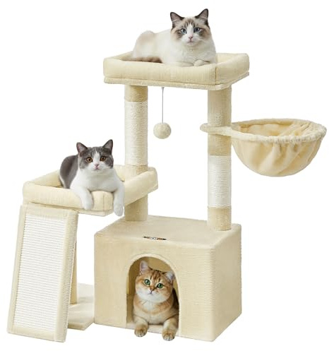 Feandrea Árbol para Gatos, Torre de Juegos con 2 Camas Grandes, Postes Rascadores y Rampa, 85,8 cm de Altura, Beige Arena PCT013LF01