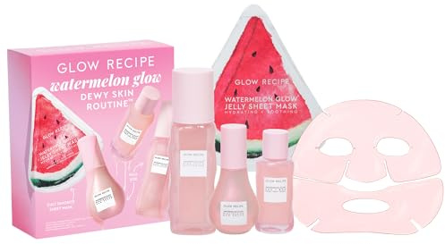 Glow Recipe Watermelon Glow Dewy Skin Routine Kit - Full Size Dew Drops Serum, Full Size Pink Juice Moisturizer, Travel Size PHA+BHA Pore-Tight Toner & Watermelon Jelly Sheet Mask (4 Count)