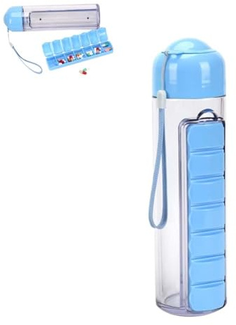 7-Day Water Bottle Organizer, Removable Medicine Dispenser, 2 in 1 Medicine Box Water Cup, Daily Sports Water Bottle with Pill Box Organizer for Outdoor, Gym, Travel(Blue)