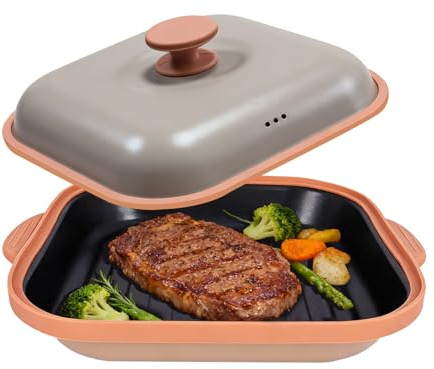 Microwave Grill Pan With Cover, Microwave Bacon Cooker, Portable Microwave Cookware For Grill Meat, Sandwich & Vegetable Dishwasher Safe (Square-Beige)