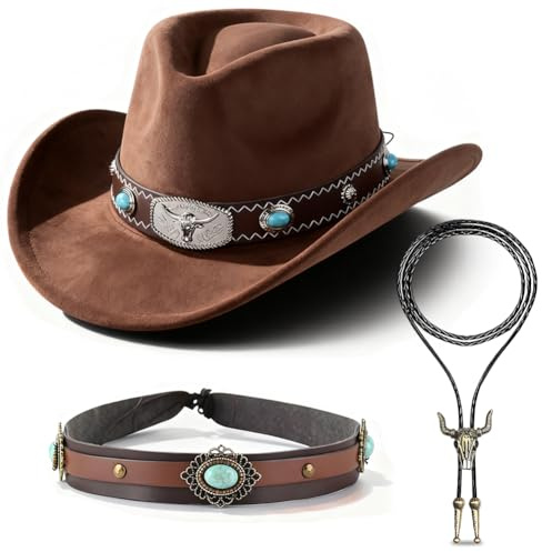 Cappello da Cowboy Western con dettagli turchesi e testa di toro, cravatta in pelle e fascia per cappello inclusi, accessorio per Carnevale, Halloween e feste a tema Western, regalo