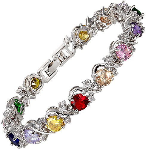 RIVA blomma tennis armband [18 cm/7 tum] med rundslipning ädelsten zirkon CZ [6 färger tillgängliga] i 18 K vitguld förgylld, enkel modern elegans e förgyllda, colore: flerfärgad, cod. LB1223MXA | Färgglatt armband med månadssten, 6 mm rundskuren kubisk zirkonia, 16,5/19,5 cm, ädelstensmycken för stapling och bröllop
