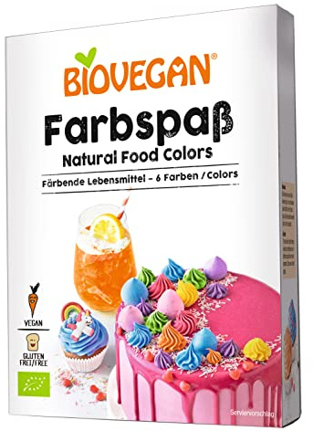 Biovegan Bio Farbspaß, bunte färbende Lebensmittel, Lebensmittelfarbe Pulver für Dekoration von Kuchen, Torten und Muffins, vegan und glutenfrei (6 Farben)