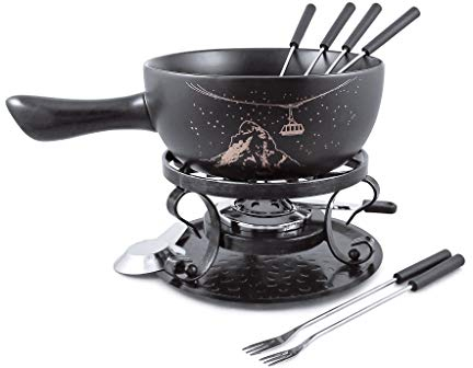 Swissmar F66901 Gruyère Fondue Set 9-teiliges, Keramik/Edelstahl, 2.65L, Fondue-Set für Fleisch, Käse und Schokolade, für 4 Personen, Geschenkset, Schwarz