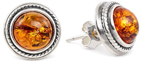 Genuine Baltic Honey Amber Stud Earrings for Women – 925 Sterling Silver Round Cabochon Post Earrings, Natural Amber Jewelry with Certificate