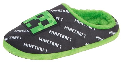 Minecraft Boys Slippers Kids Creeper Gaming Open Back Mules Slip On House Shoes Black 1 UK