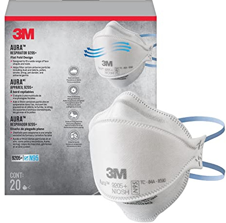 3M Aura Particulate N95 Respirator 9205+, Flat Fold Lightweight Design, Non-Valved, 20 Count (Pack of 1)