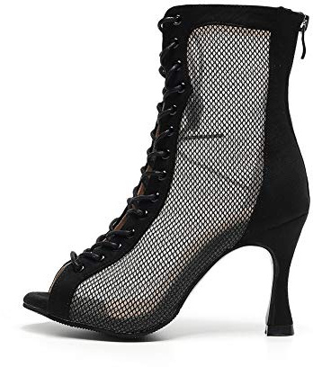 HROYL Bottines de Danse Latine Femme Talon Haut Lacets Bottes de Salon pour Salsa Bachata Tango Samba Pratique et Performance,QJW7179-Noir-7.5,EU 39
