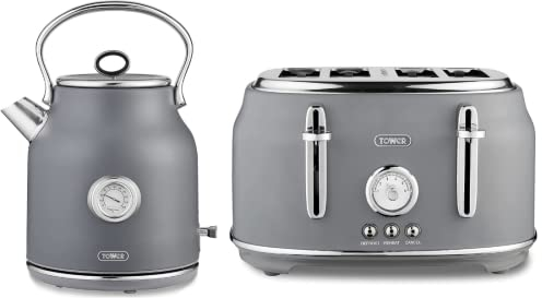 RKW Tower Renaissance Grey 3KW 1,7L Kettle & 4 Slice 1630W Toaster. Modern Grey Kettle & Toaster Set