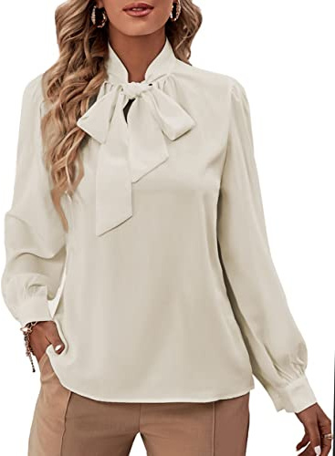 Rooscier Blusa Elegante de Gasa con Cuello de Lazo y Manga Larga para Mujer, Beige, XX-Large