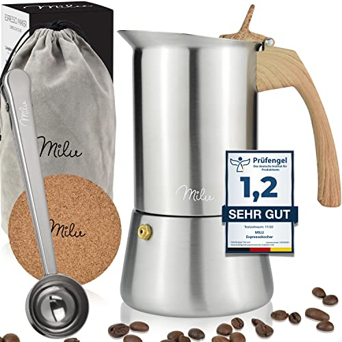 Milu Espressokocher (2 Cup No Induktion) | 2, 4, 6, 9 Tassen | Edelstahl Mokkakanne, Espressokanne, Espresso Maker Set inkl. Untersetzer, Löffel (Griff: Holzoptik, 2 Tassen (100 ml))