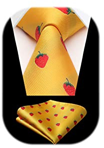 HISDERN Yellow Tie for Men Strawberry Pattern Ties Handkerchief Novelty Animal Print Wedding Necktie & Pocket Square Set