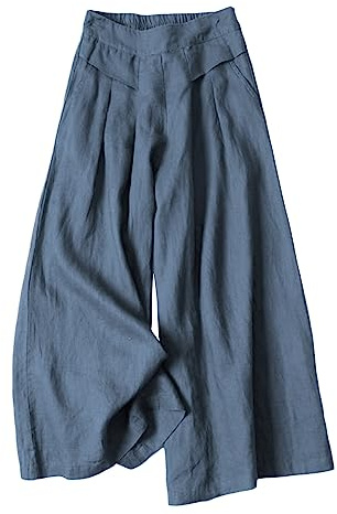 SCUSTY Pantalon en lin pour femme – Jupe-capris à jambe large – Pantalon bohème palazzo, noir foncé, XX-Large