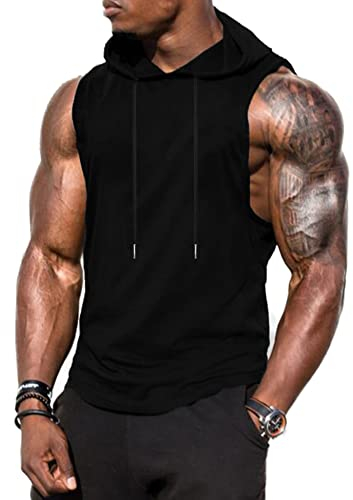 Babioboa Herren Muskelshirt Training Tanktop Workout Pullover mit Kapuze Unterhemd Gym Sports Fitness Training Schwarz L