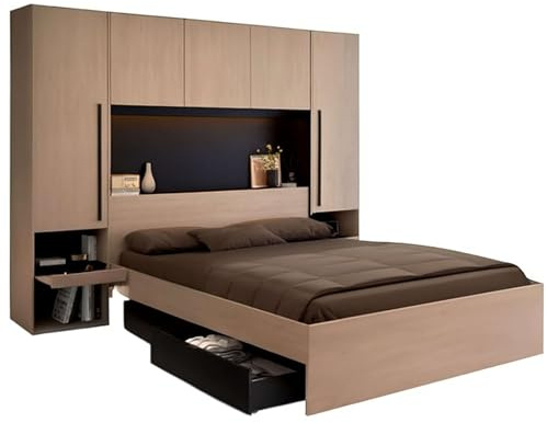 Miroytengo Pack Dormitorio Completo John Cama con cajones y Cabecero Puente Roble Brooklyn y Negro Stipple (Cama de 135-140x190 cm)