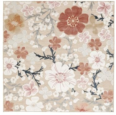 RugVista Cherri, In & Outdoor-Teppich, Moderne Teppiche, 200 x cm, Quadratisch, Niedriger Stapel, Wohnzimmer, Küche, Patio, Nur Handwäsche, UV-beständig, Beige/Rosa