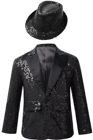 Runhomal Veste Paillettes Enfant Garcon Manches Longues et Chapeau Tenue Danse Moderne Jazz Hip Hop Sequins Costume Mariage Cocktail Cérémonie Spectacle