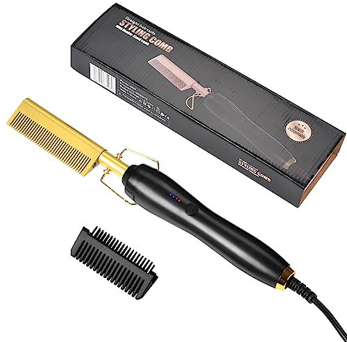 Electric Hot Comb Hair Straightener, Electric Straightening Comb for Wigs, Afro Hair & Beard, Portable Ceramic Beard Straightener Brush Anti-Scald Pressing Combs,Temperature Adjustable, Gold