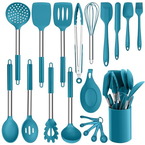 HaWare Set di 20 utensili da cucina, utensili da cucina, in silicone, con manico in acciaio inox, resistente al calore, con porta utensili, lavabili in lavastoviglie, colore: blu