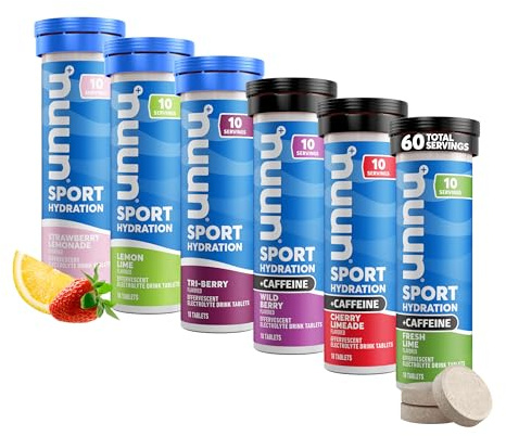 Nuun Sport + Caffeine Electrolyte Tablets – Dissolvable in Water, Variety Pack | 5 Essential Electrolytes for Hydration | 1g Sugar Drink Mix | Vegan, Non-GMO | 6 Pack (60 Total Servings)