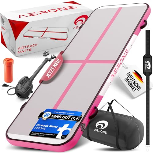 AERONE Airtrack Turnmatte Aufblasbar | Air Tracking Matte 5m [Zubehör Schultergurt Tragetasche Luftpumpe] Air Track für Turnen Gymnastik Zuhause Outdoor Pool | Pink