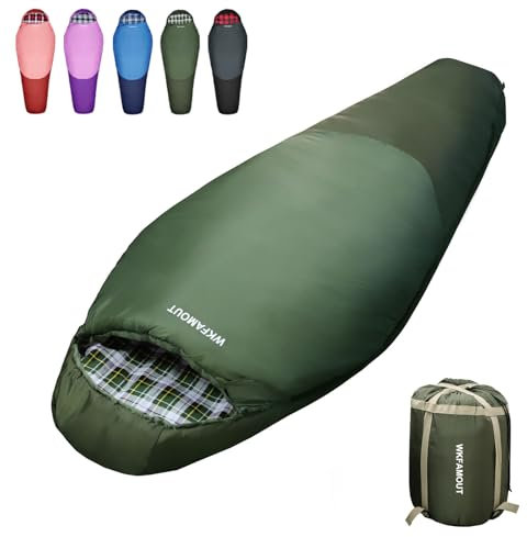 WKFAMOUT Mumienschlafsack Outdoor Schlafsack Flanell 3-4 Jahreszeiten Tragbar Winter Sommer Maschinenwaschbarer Schlafsäcke für Erwachsene Kinder Camping Reisen 200x80CM Olive