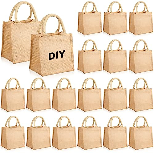 Silkfly 20 Pcs Mini Burlap Jute Tote Bags with Handle Small Blank Reusable Market Grocery Bags Bridesmaids Wedding Gift(Classic,5 x 5 x 3.94 Inches)
