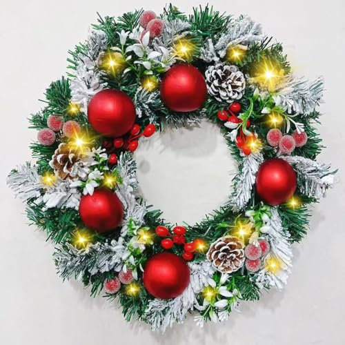 Türkranz Weihnachten Beleuchtet,40CM Weihnachtstürkranz mit Beleuchtung, Weihnachts Türkranz Weihnachtskranz Haustür Deko Künstlich, Weihnachtskranz für Tür, Adventskranz